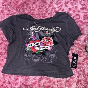 Ed Hardy Charcoal Tee with Colorful Tattoo Design